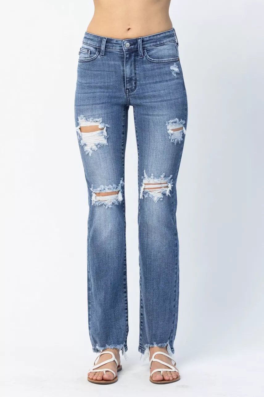 Judy Blue Plus Size Mid Rise Destroyed Straight Jeans Distressed Everyday Look For Women