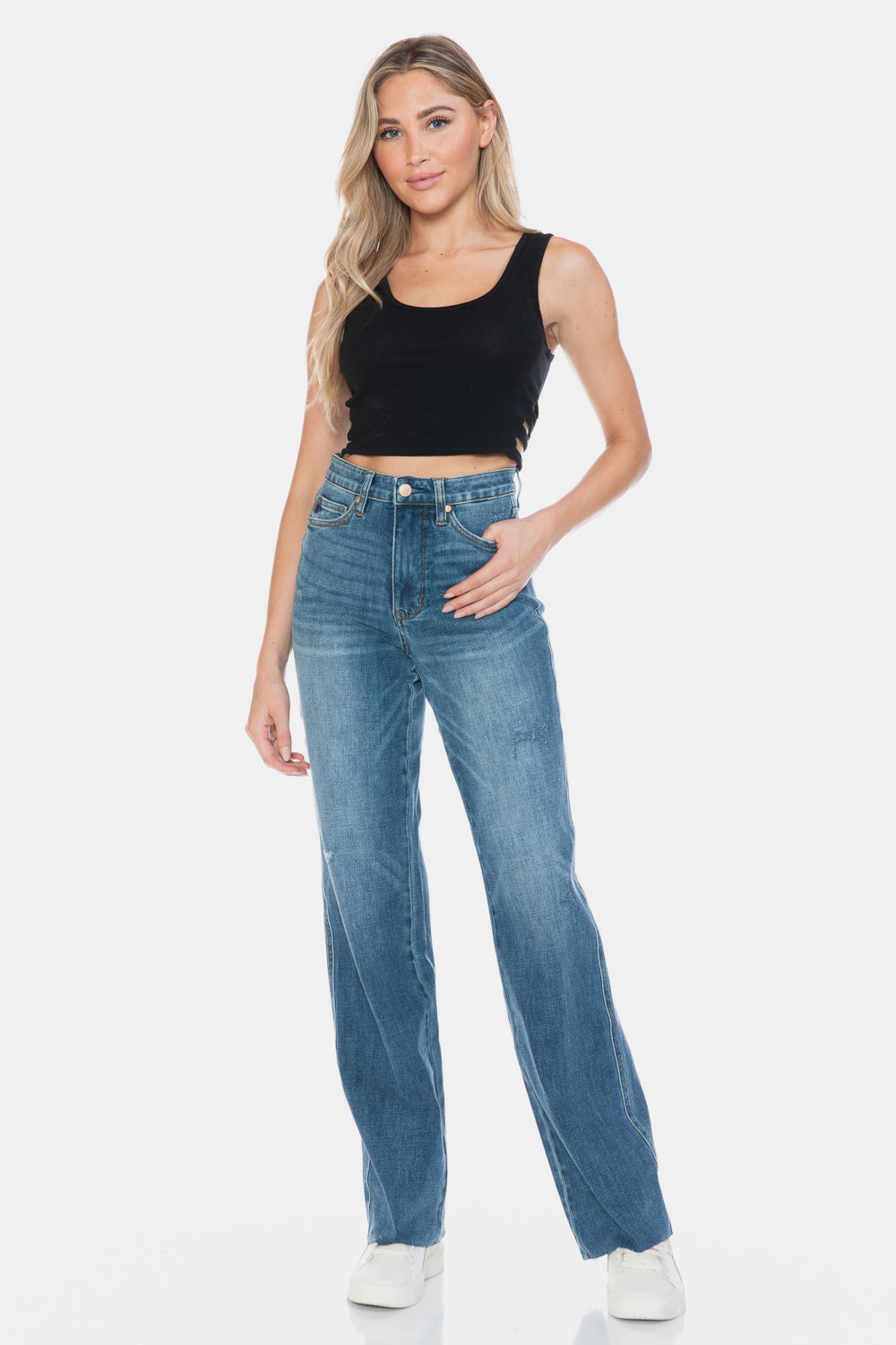 Judy Blue Full Size Tummy Control Jeans With Raw Hem For Flattering Straight Leg Fit Plus Size Women