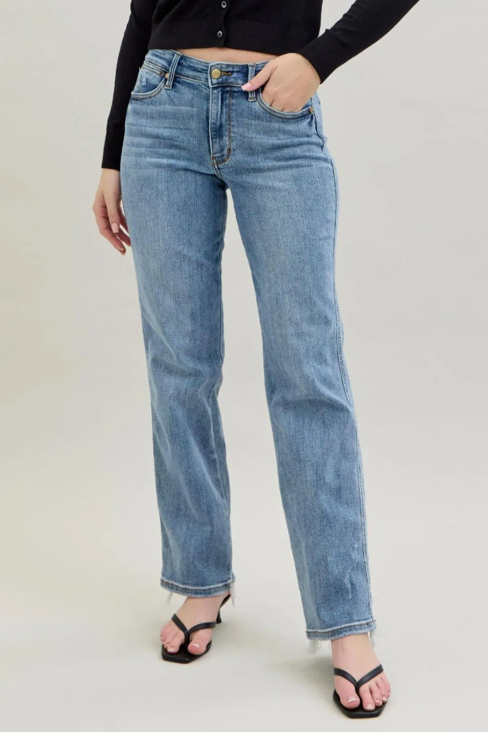 Judy Blue Women Frayed Hem Dad Jeans With Cell Phone Pocket High Waist Straight Leg Comfort