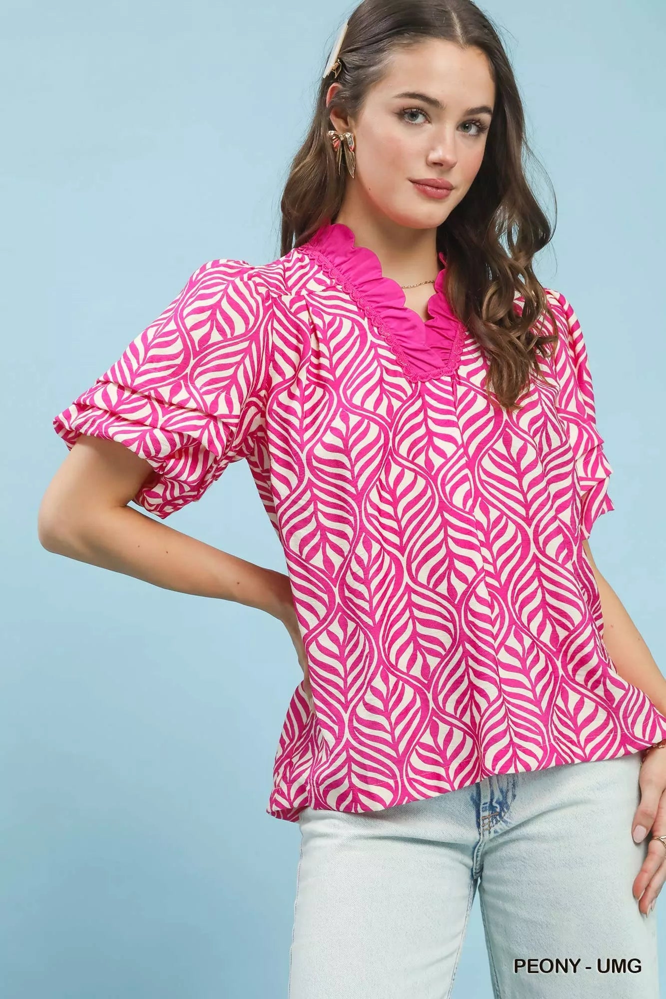 Umgee Printed Puff Sleeve Ruffle Neck Top