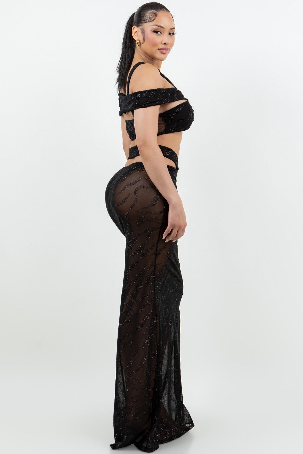 Mesh Glitter Resort Wear Beach Summer Black Skirt Set