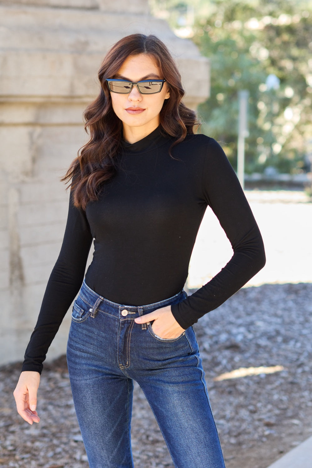 Basic Bae Mock Neck Long Sleeve Bodysuit For Women Opaque Stretch Knit Full Size Everyday Essential