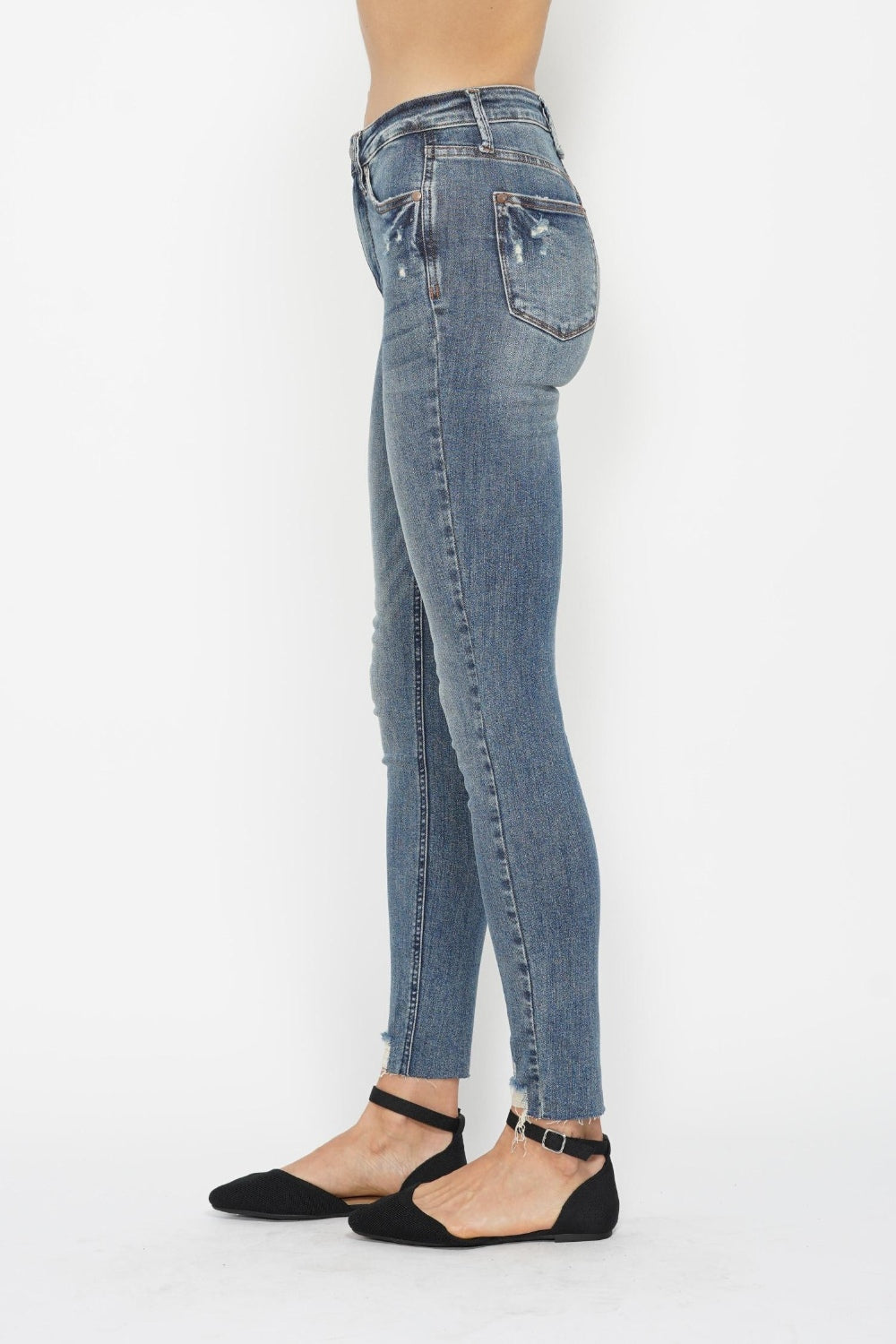 Judy Blue Tummy Control Skinny Jeans Vintage Wash With Destroyed Hem For Curvy Women