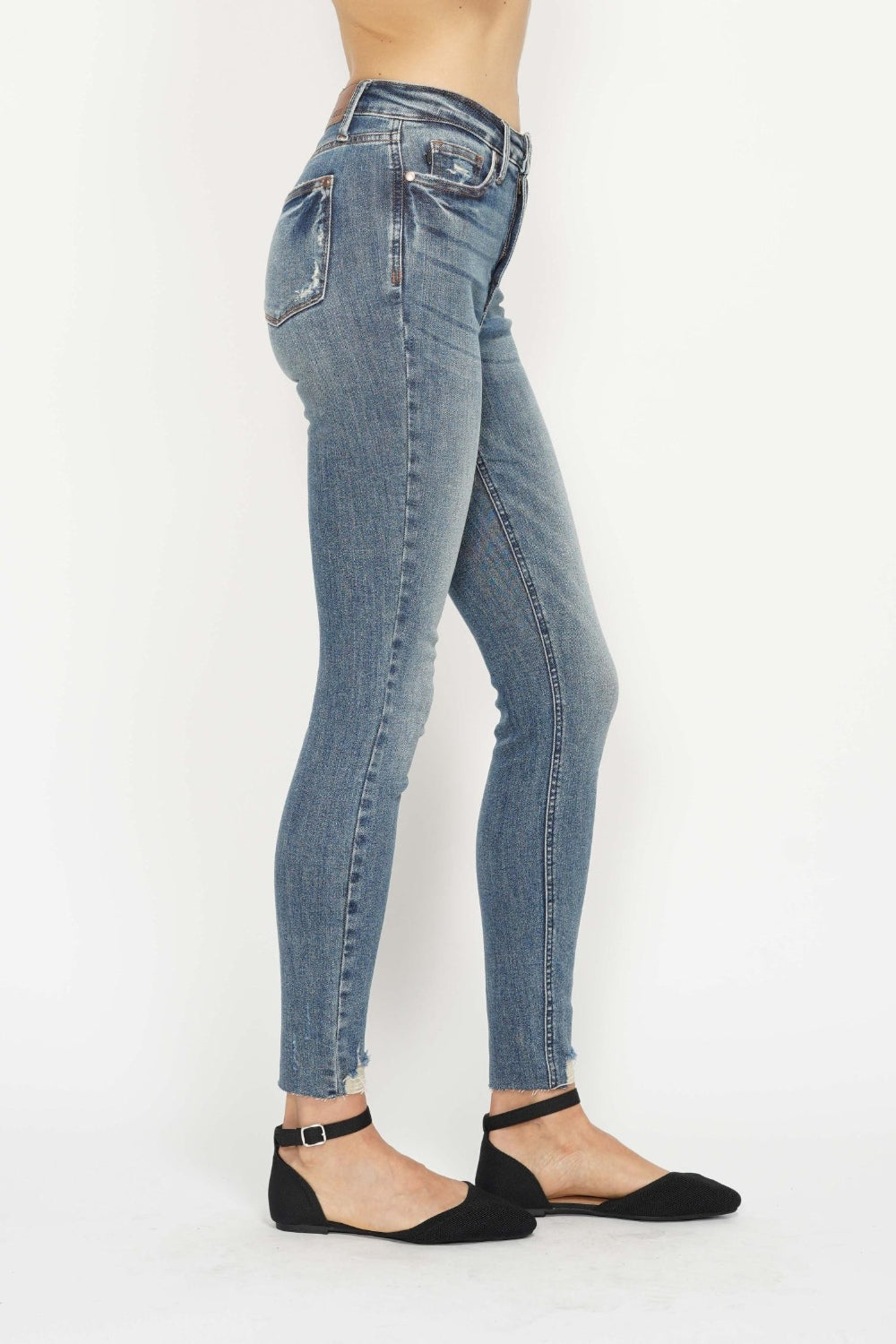 Judy Blue Tummy Control Skinny Jeans Vintage Wash With Destroyed Hem For Curvy Women