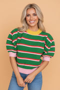 Stripe Colorblock Trim 3/4 Sleeve Sweater Top