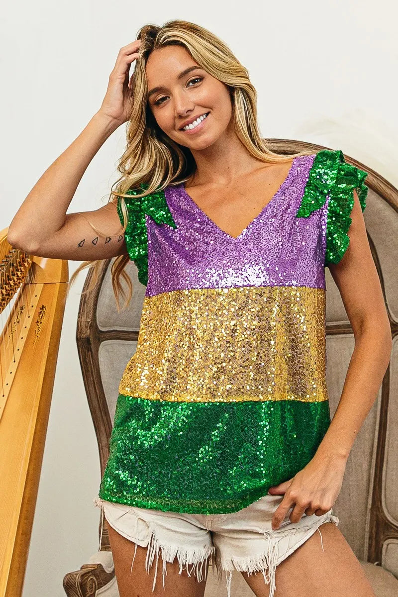 BiBi Mardi Gras Sequin Color Block Ruffled Top For Women Party Glam Shimmer Festive