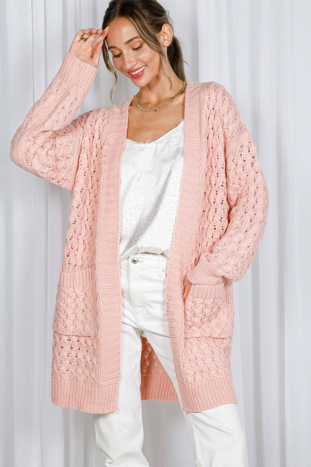 Frances-Patch Pocket Textured Crochet Knitted Cardigan