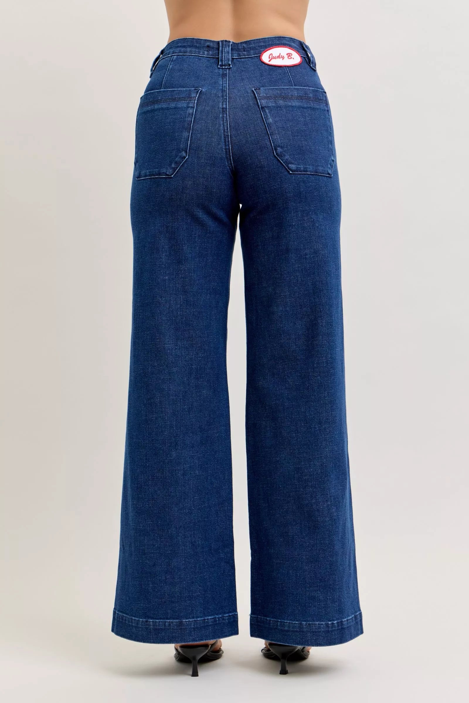 Judy Blue High Waisted Retro Wide Jeans For Women With Patch Pockets And Twisted Seams