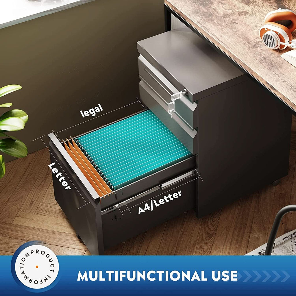 Compact Black Mobile Filing Cabinet Lockable With Drawers