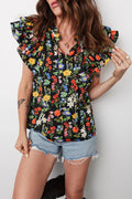 Robbie - Black Tiered Flutter Sleeve V Neck Flower Blouse