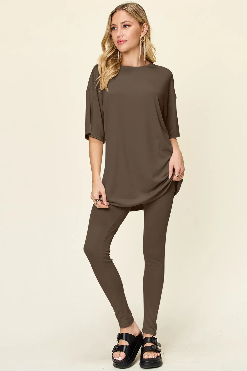 Women Two Piece T Shirt And Leggings Set With Dropped Shoulder Round Neck Full Size Comfortable Everyday Casual