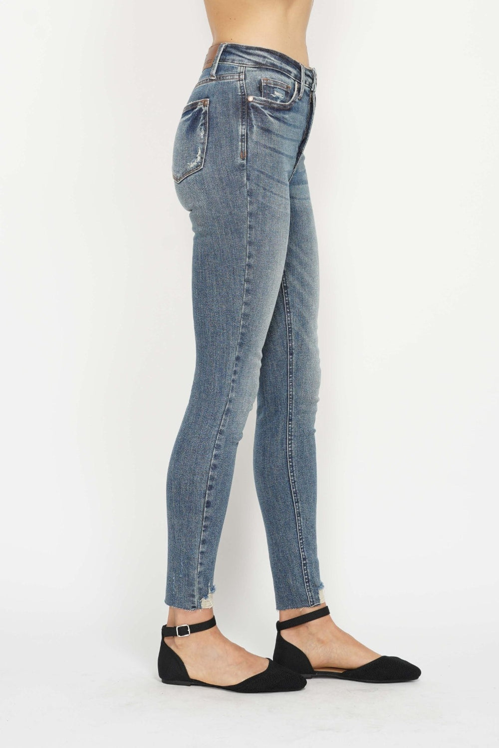 Judy Blue Tummy Control Skinny Jeans Vintage Wash With Destroyed Hem For Curvy Women