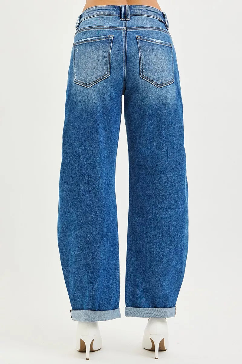 RISEN Plus Size Mid Rise Barrel Jeans With Double Roll Up Cuffs For Flattering All Day Comfort