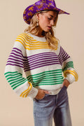 SO ME Mardi Gras Striped Raglan Sweater Top For Women Bold Colors Cozy Knit Giftable Holiday Essential