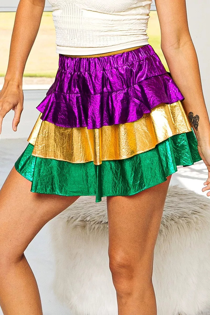 BiBi Mardi Gras Color Block Metallic Tiered Skirt For Women Glam Party Statement