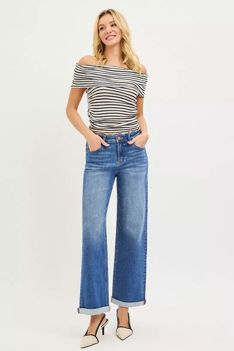 RISEN Plus Size High Rise Jeans With Relaxed Fit Ankle Straight Cuff For Everyday Comfort