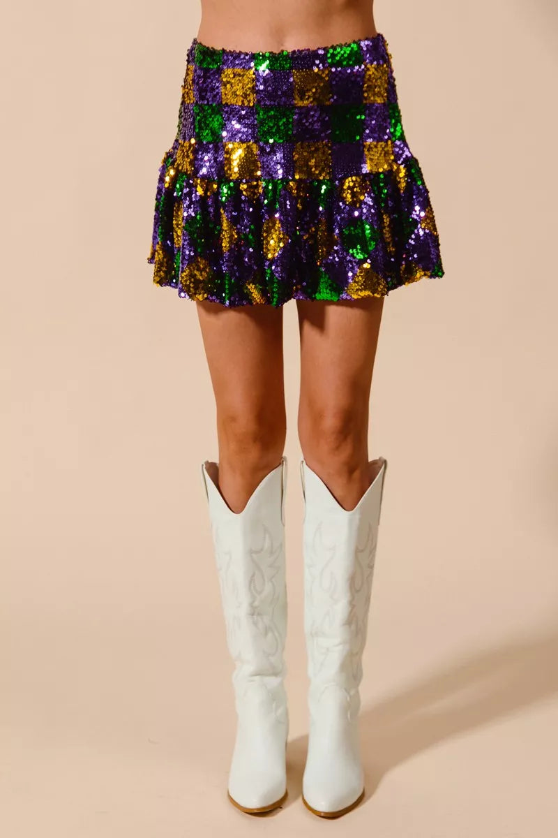 SO ME Mardi Gras Checker Sequins Mini Skirt For Women Sparkling Festive Party Statement