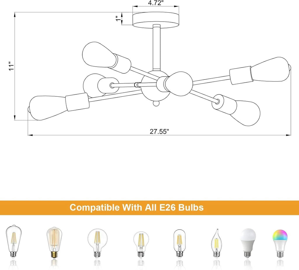 Black And Gold 6 Light Sputnik Ceiling Chandelier Semi Flush Mount UL Listed