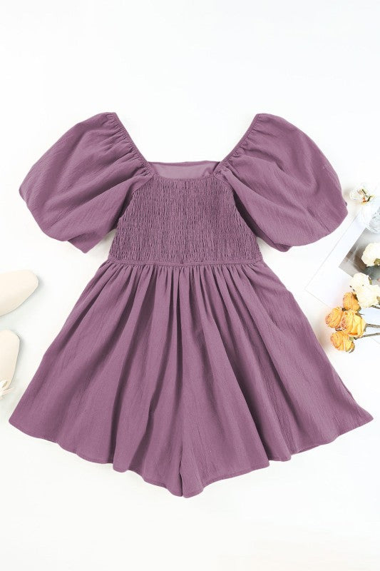 Solid Square Neck Ruched Puff Sleeve Romper