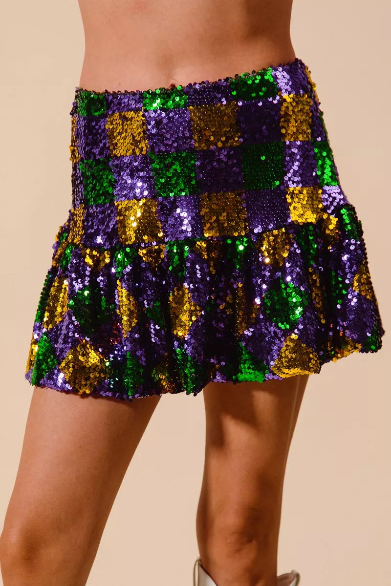 SO ME Mardi Gras Checker Sequins Mini Skirt For Women Sparkling Festive Party Statement