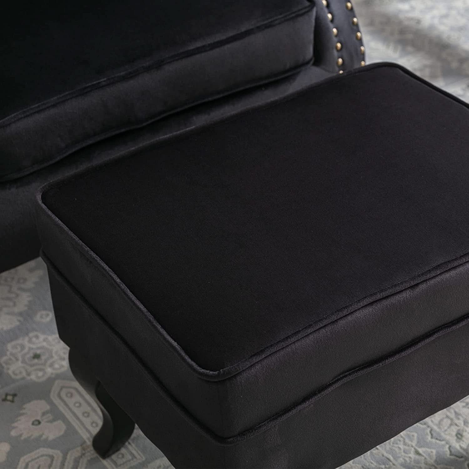 Elegant Black Velvet Wingback Chair With Ottoman Set