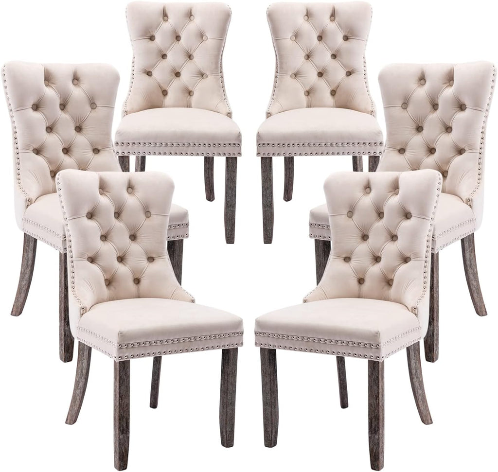 Velvet Dining Chairs Set of 6, Tufted Dining Room Chairs with Button Back, Nailhead Trim, Upholstered Dining Chairs for Kitchen, Bedroom, Restaurant (Beige)