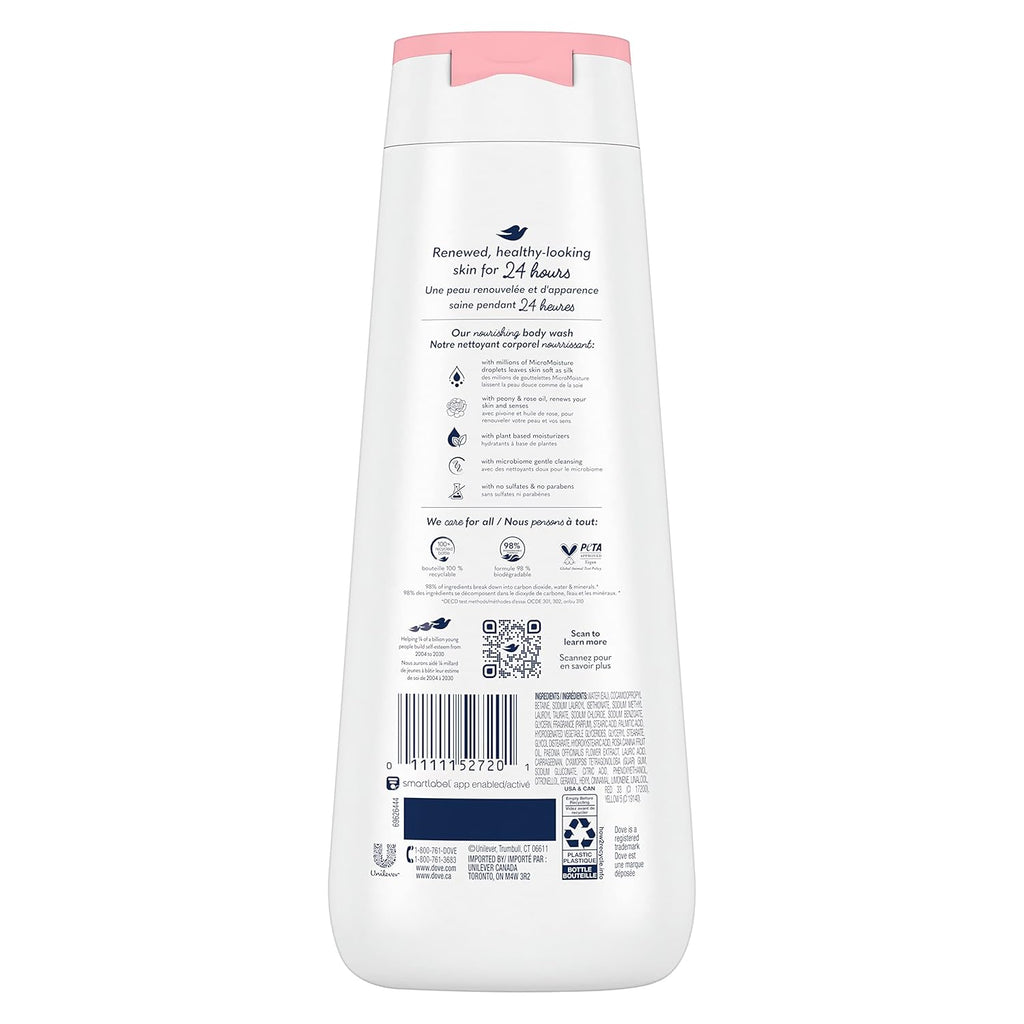 Dove Body Wash 4 Count Renewing Peony and Rose Oil for Renewed, Healthy-Looking Skin Gentle Skin Cleanser with 24hr Renewing MicroMoisture 20 oz