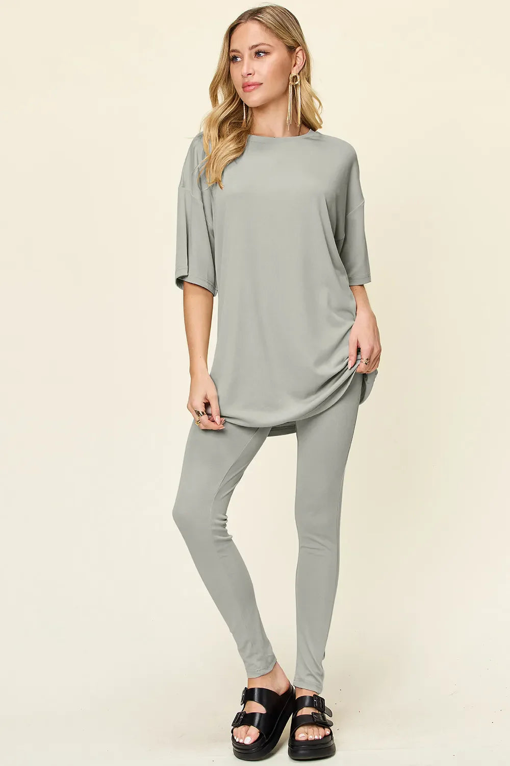 Women Two Piece T Shirt And Leggings Set With Dropped Shoulder Round Neck Full Size Comfortable Everyday Casual