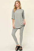 Women Two Piece T Shirt And Leggings Set With Dropped Shoulder Round Neck Full Size Comfortable Everyday Casual