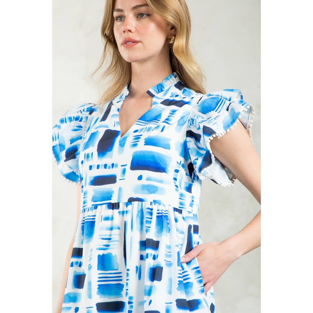 GRACELLE- Flutter Sleeve Print Tiered Midi Dress