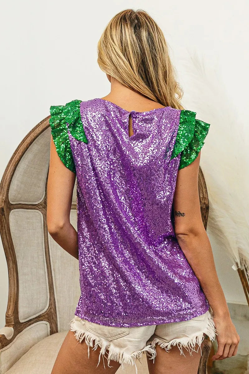 BiBi Mardi Gras Sequin Color Block Ruffled Top For Women Party Glam Shimmer Festive