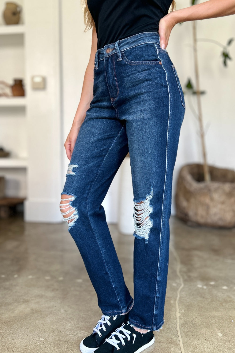 Judy Blue Jeans Full Size High Waist Rigid Magic Heavy Destroyed Straight For Curvy Women