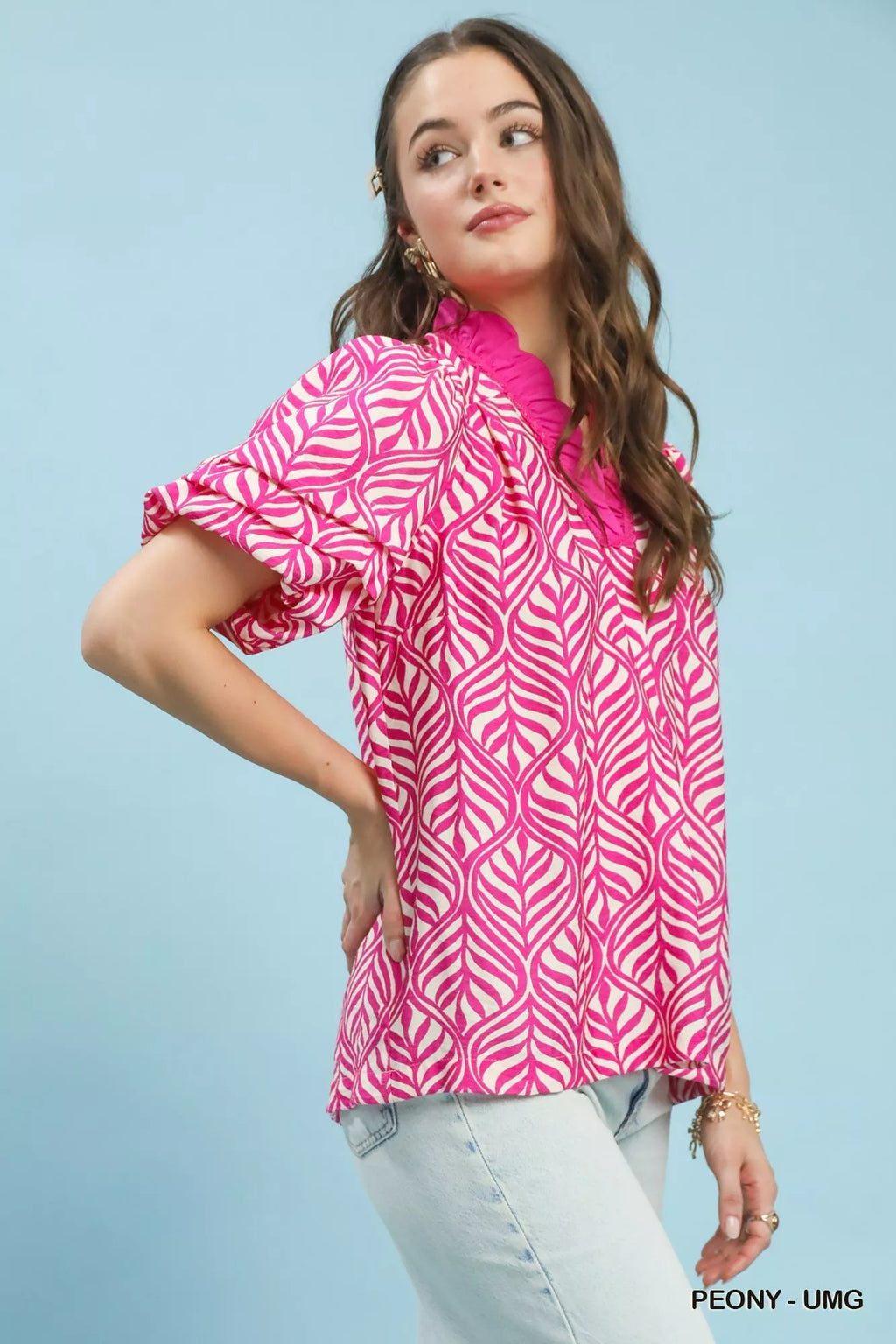 Umgee Printed Puff Sleeve Ruffle Neck Top