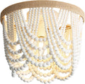 Three Light White Wood Bead Bohemian Chandelier Handmade