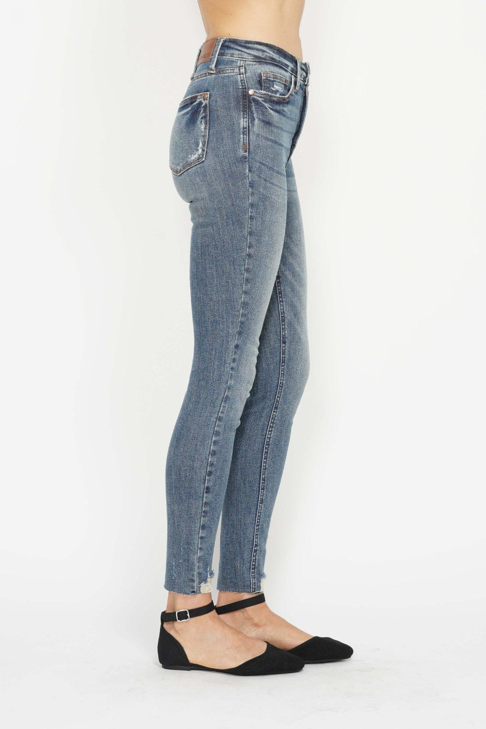 Judy Blue Tummy Control Skinny Jeans Vintage Wash With Destroyed Hem For Curvy Women