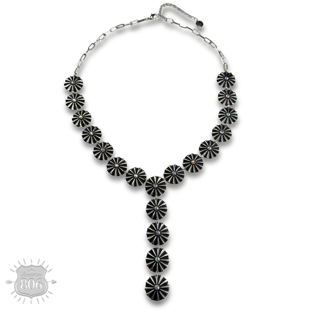 Starburst concho long Y necklace with iridescent rhinestones