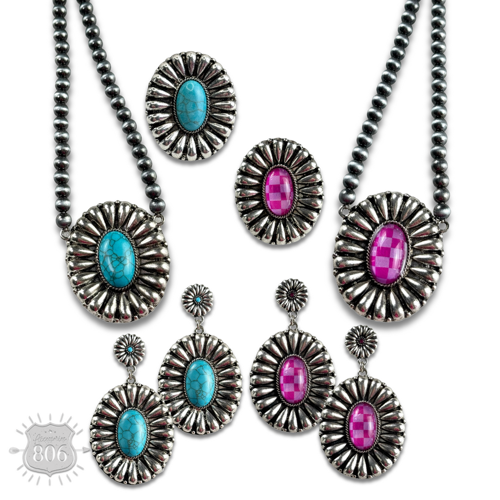 Western sunburst pendant on burnished silver bead necklace