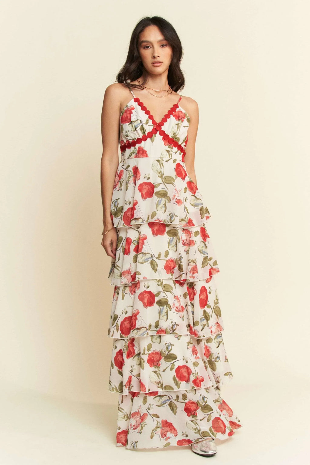 Contrast Ring Lace Layered Ruffle Maxi Cami Dress