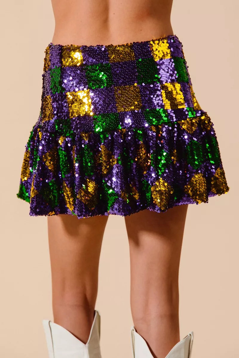 SO ME Mardi Gras Checker Sequins Mini Skirt For Women Sparkling Festive Party Statement