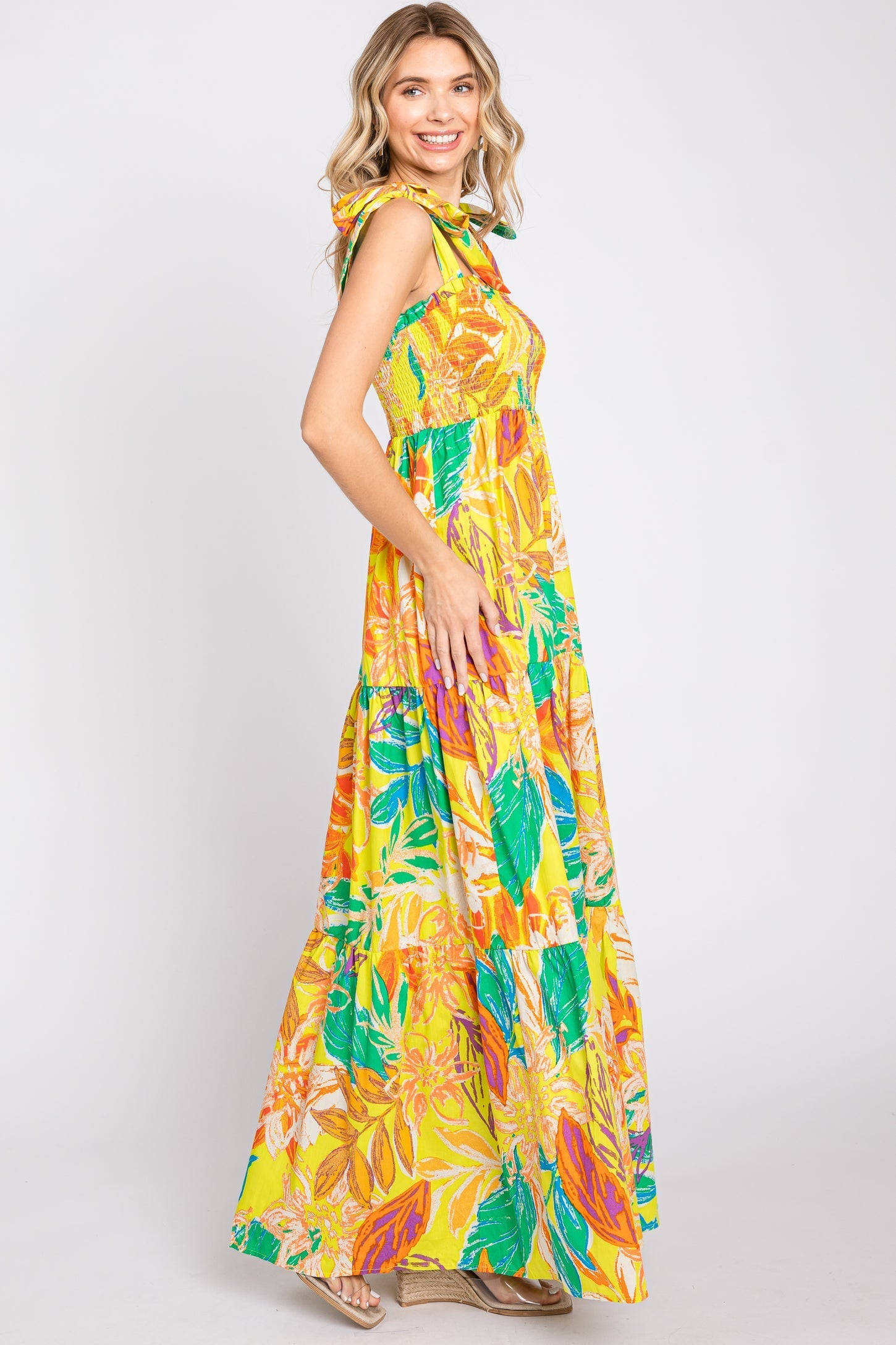 Floral Print Smocked Ruffle Maxi Dress