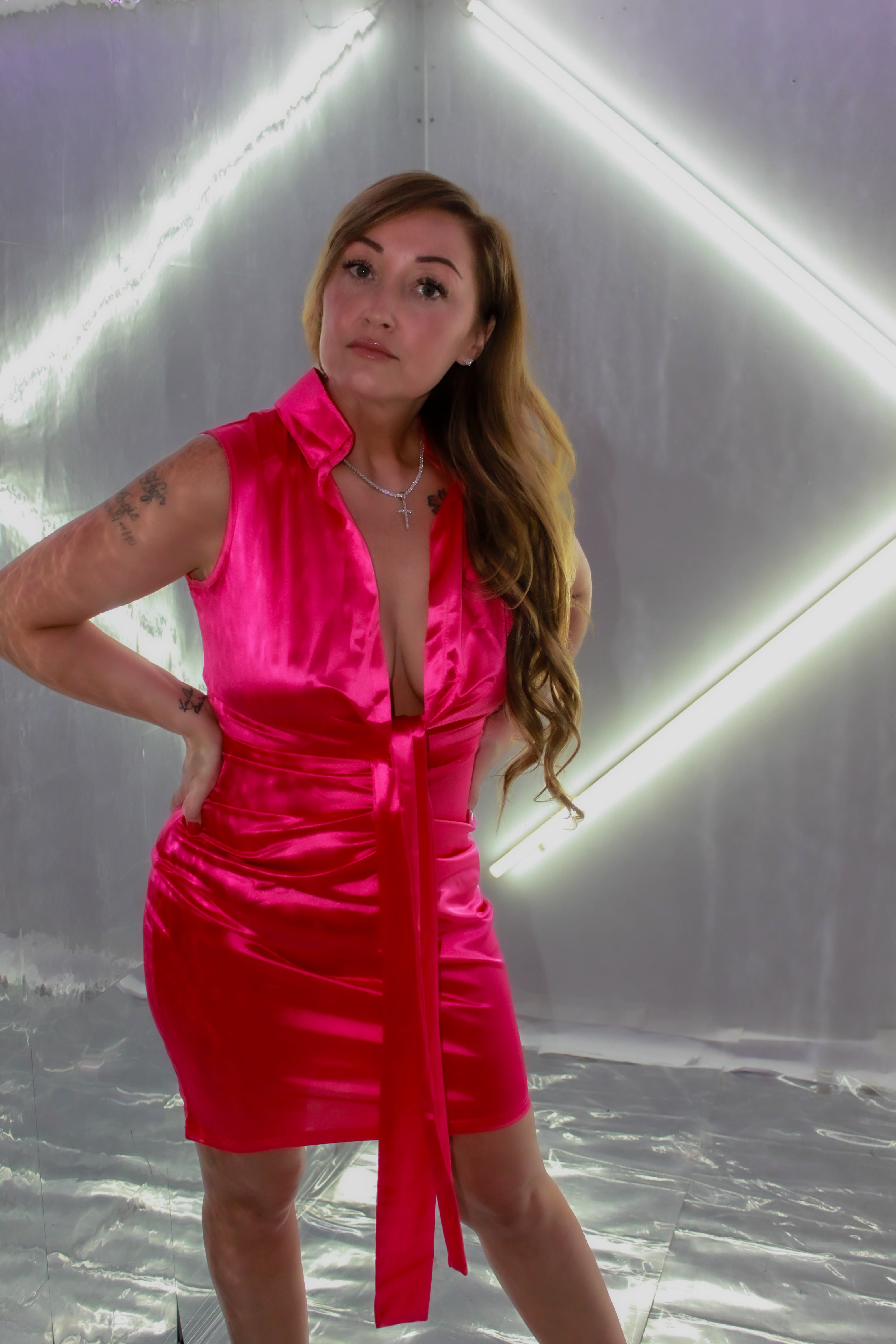 Fuchsia Satin Lace-Up Mini Party Dress