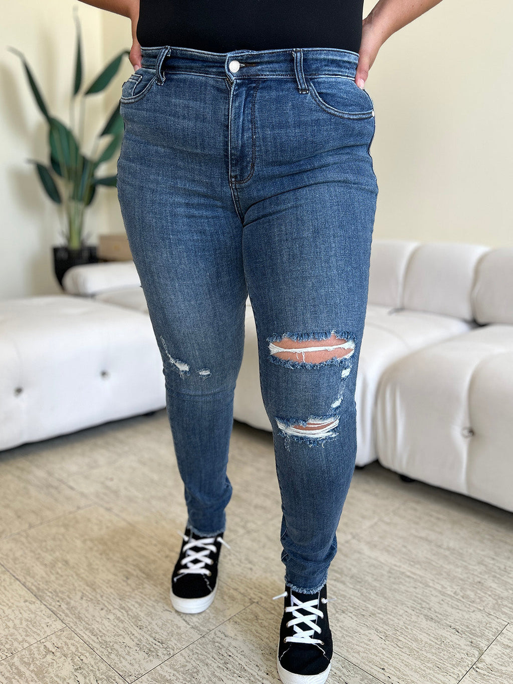 Judy Blue High Waist Distressed Skinny Jeans for Women Size Down Fit with Effortless Comfort