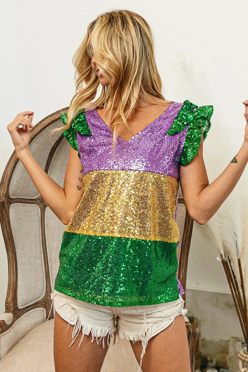 BiBi Mardi Gras Sequin Color Block Ruffled Top For Women Party Glam Shimmer Festive