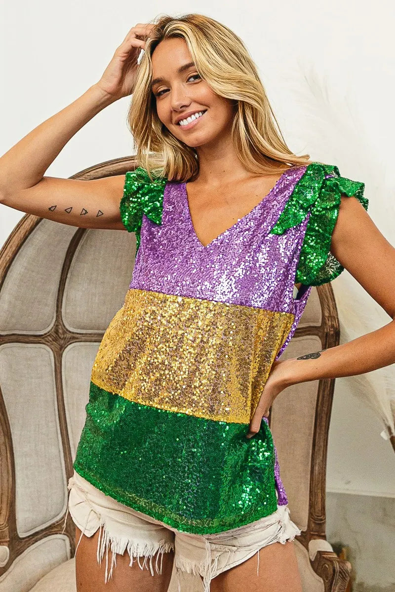 BiBi Mardi Gras Sequin Color Block Ruffled Top For Women Party Glam Shimmer Festive