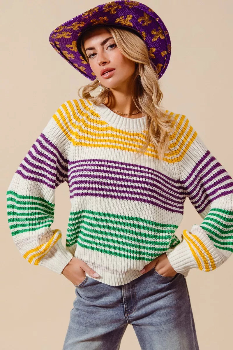 SO ME Mardi Gras Striped Raglan Sweater Top For Women Bold Colors Cozy Knit Giftable Holiday Essential