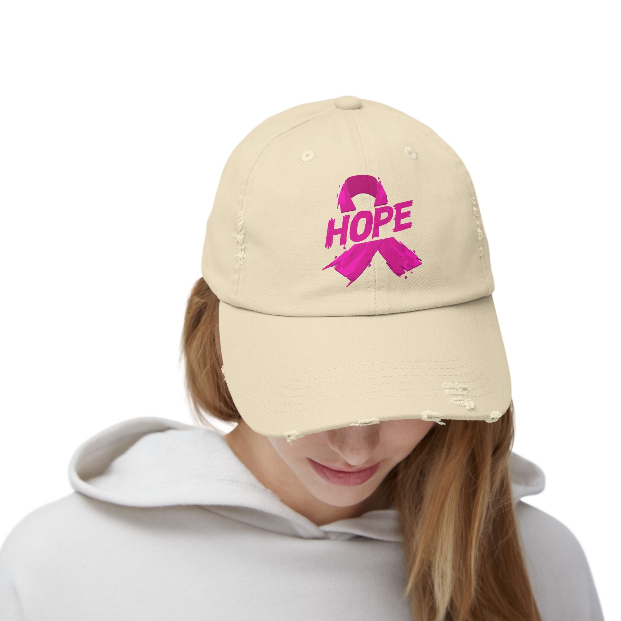 Hope Distressed Cap - Unisex Hat for Awareness, Perfect for Gift, Fundraising Events, Breast Cancer Support, Everyday Style