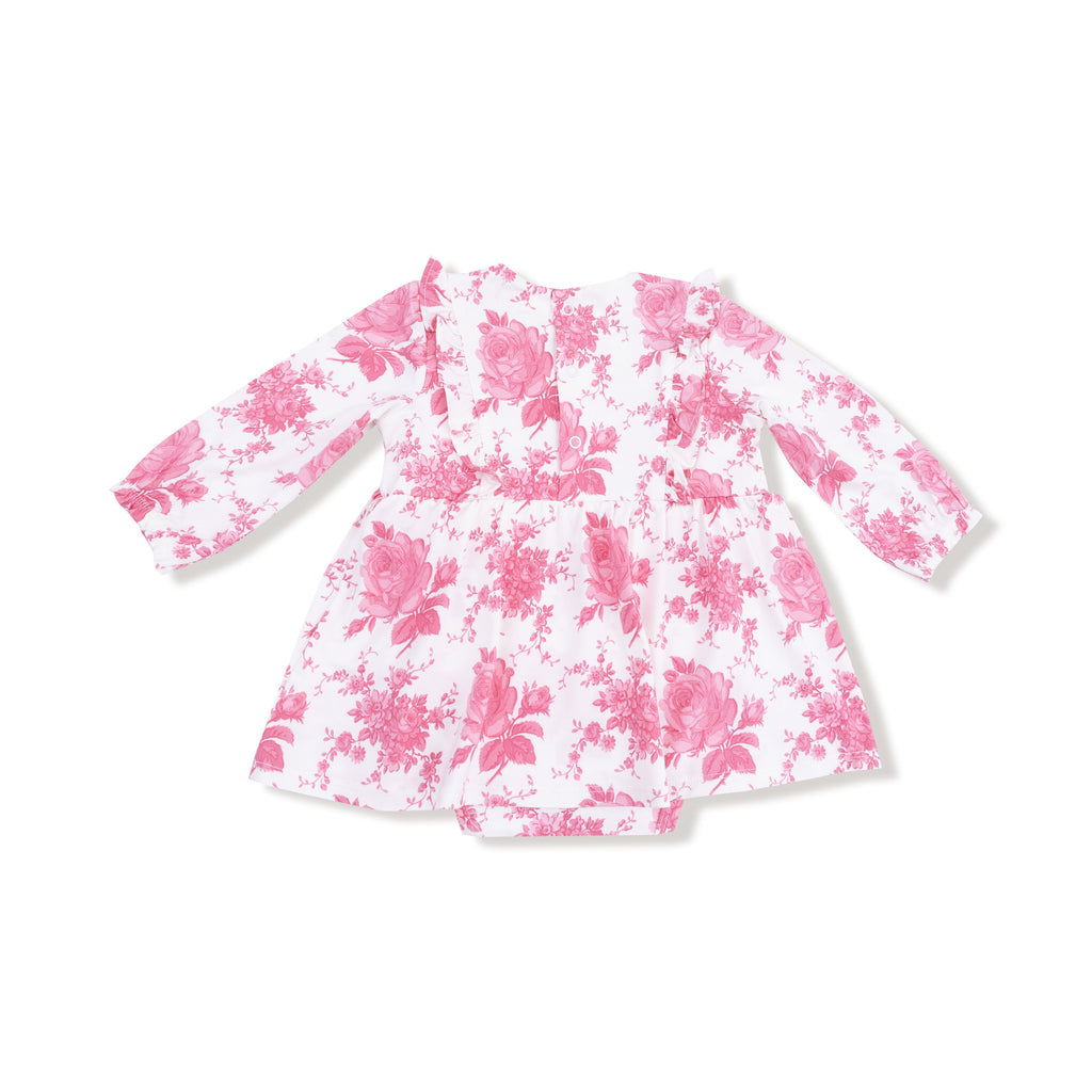 Vintage Pink Roses - Ruffle Long Sleeve Bodysuit Dress