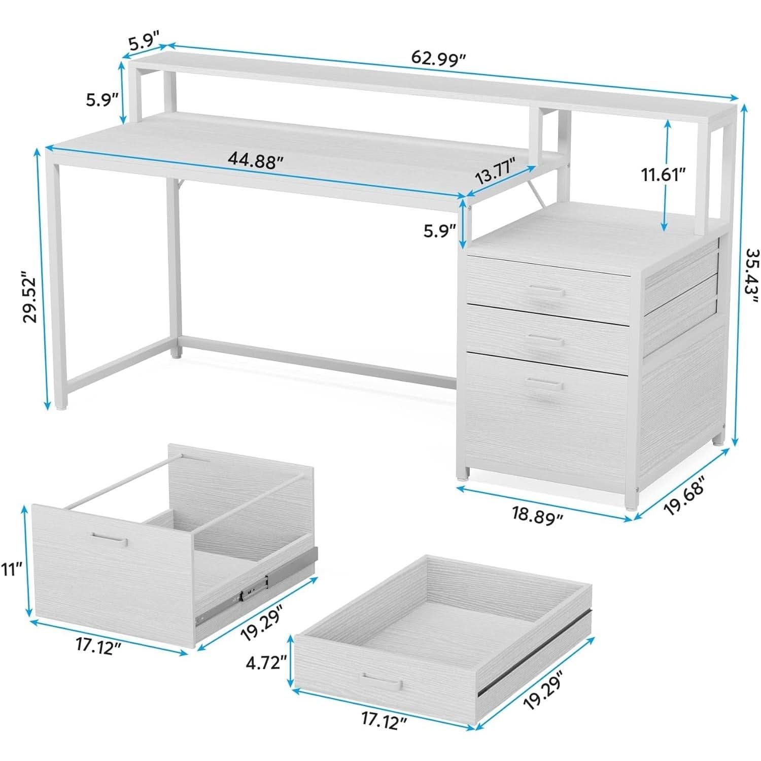 White Computer Desk With File Cabinet And Monitor Stand