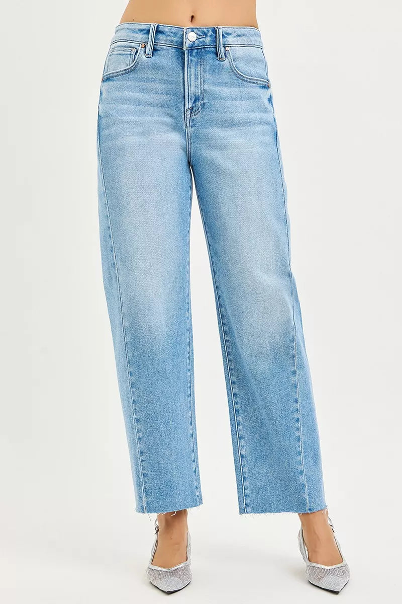 RISEN Plus Size Slouchy Cropped Barrel Jeans With Curved Side Seam For Trendy Comfort