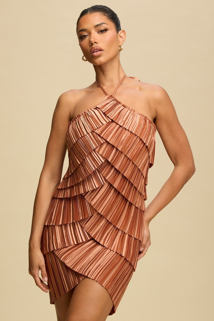 Havana Dates Pleated Layered Mini Dress- Copper
